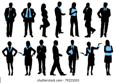 illustration of set of silhouette of business people on isolated background