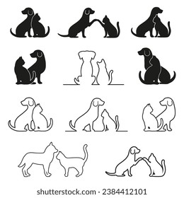 Illustration set of silhouettes of a dog and a cat on a white background