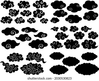 Illustration set of silhouettes of Japanese style clouds swirling in various shapes