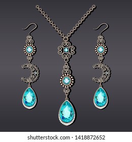 Illustration set of silver jewelry with filigree with precious stones