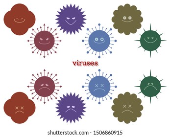 Illustration set of simple and cute colorful bacterium with facial expression