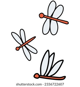 Illustration set of simple deformed red dragonfly