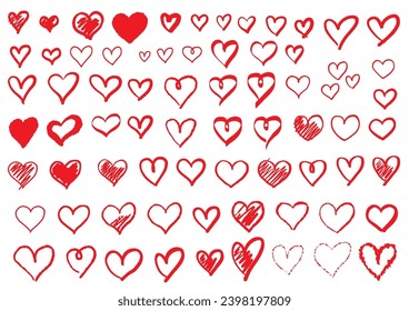 Illustration set of simple hand-drawn red heart.