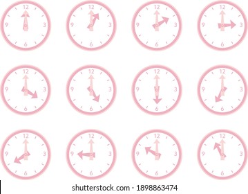 Illustration set of simple pink clocks. Illustration of time.