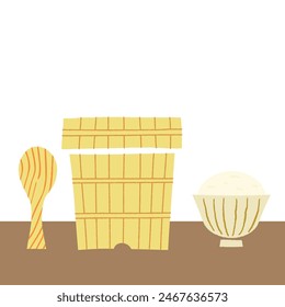 Illustration set of a simple rice chest, rice ladle and rice bowl, flat vector isolated on white background.