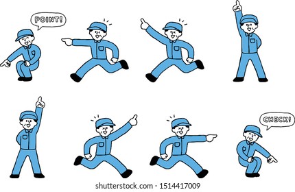 An illustration set (simple) that a middle-aged man wearing work clothes points and confirms