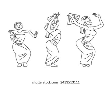 An illustration of a set of simple thin lines of woman Bali dancers