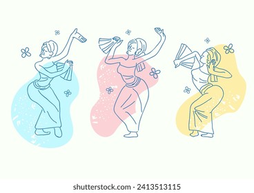 An illustration of a set of simple thin lines of woman Bali dancers
