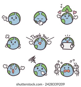 Illustration set of simply deformed earth characters with various expressions.