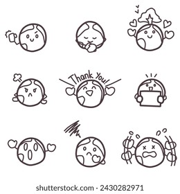Conjunto de ilustraciones de personajes de tierra simplemente deformados con diversas expresiones.
