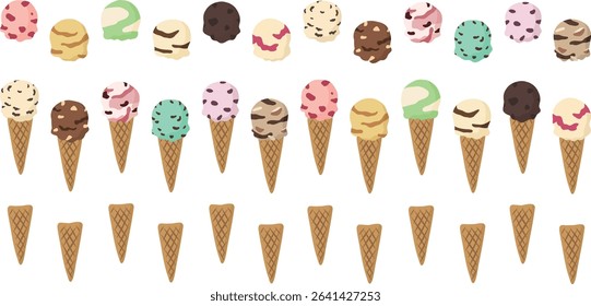 Illustration Set of Single Ice Cream Cones and Scoops in Hand Drawn Style