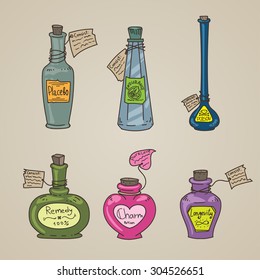 Illustration set of six different potions