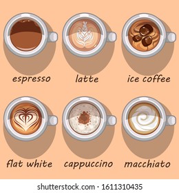 Illustration of set of six different sorts of coffee in white cups