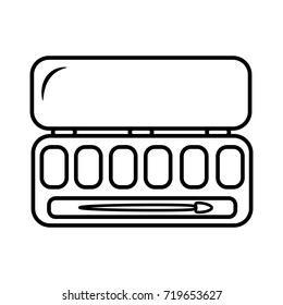 Illustration of a set of six eye shadow with a brush with an open lid on a white background