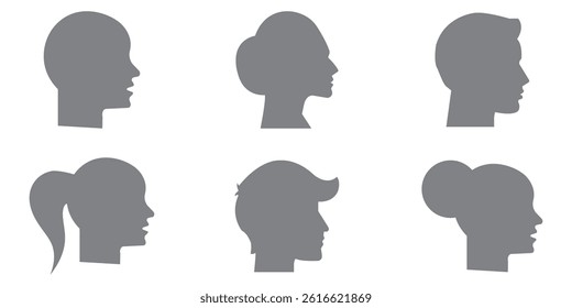 Illustration set of six human silhouettes in profile view, showcasing different hairstyles and gender representation for a variety of uses. Set of six silhouette man and woman avatars.