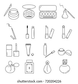 Illustration set of sixteen icons of cosmetics. Cosmetics for the eyes, cosmetics for the lips, perfume, black linear image on a white background.