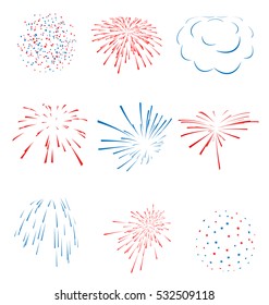 Illustration Set Sketch Of Abstract Colorful Fireworks, Collection Party Salutes Isolated On White Background - Vector