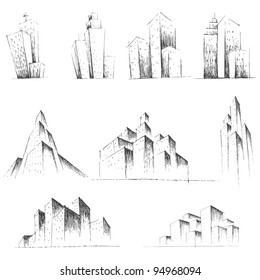 illustration of set of sketch of building on white background
