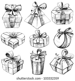 Illustration Of Set Of Sketch For Hand Drawn Gift Box