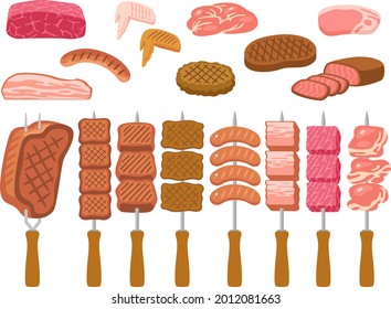 Illustration set of skewered meats for barbecues and various cured meats and meat dishes