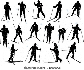 illustration with set of skiers isolated on white background