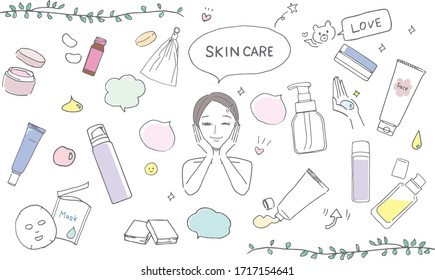 Illustration set of skin care items and women who do skin care