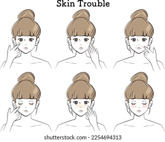 Illustration set of skin problems (woman with bun hair)