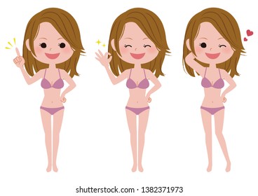Illustration set of a slender woman wearing a swimsuit.