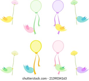 Illustration set of a small bird with a balloon with a balloon in its mouth and a small bird with a flower in its mouth