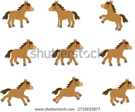 Illustration set of small and cute brown horse characters in various poses
