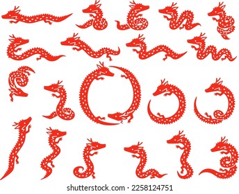 Illustration set of small red dragon characters