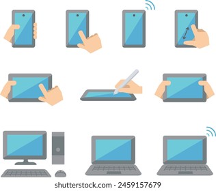 Conjunto de ilustraciones de teléfonos inteligentes, computadoras, tabletas y varios dispositivos