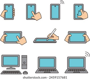 Conjunto de ilustraciones de teléfonos inteligentes, computadoras, tabletas y varios dispositivos