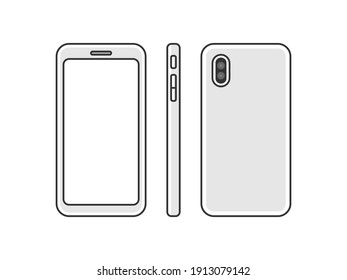 Illustration set of smartphones seen from various angles.