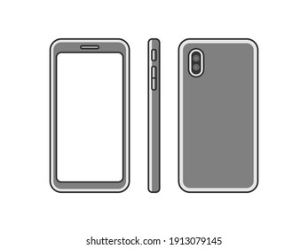 Illustration set of smartphones seen from various angles.