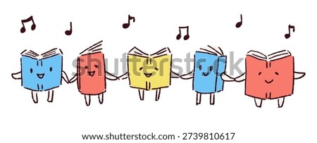 Illustration set of smiling anthropomorphic books holding hands.