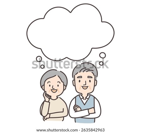 Illustration set of smiling elderly couple thinking and speech bubble.