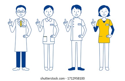 Illustration set of smiling healthcare workers (doctors, nurses, physiotherapists, radiologists)