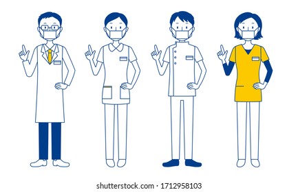 Illustration set of smiling healthcare workers (doctors, nurses, physiotherapists, radiologists)