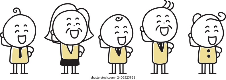 Illustration set of smiling people shyly putting their hands on their heads
