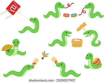 Illustration set of snakes playing and pounding rice cake for the New Year in Japan
The Chinese character written on the kite means snake.