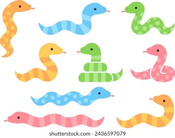 Illustration set of snakes in various poses with colorful dots and stripes