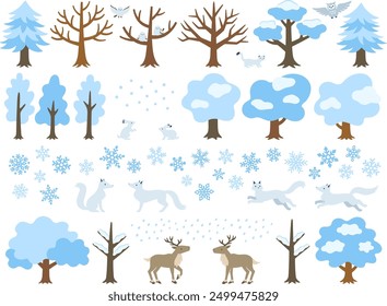 Illustration set of snowing winter forest and animals