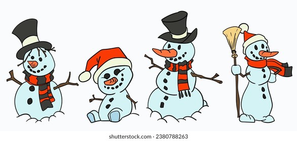 illustration set of snowman character for content, banners, sticker labels and greeting cards.