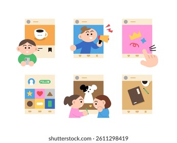 Illustration set of Social media screen pages. Cute and Playful Social Media Graphic Pack clipart. 