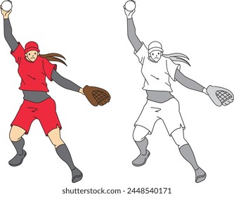 Illustration set of softball players pitching