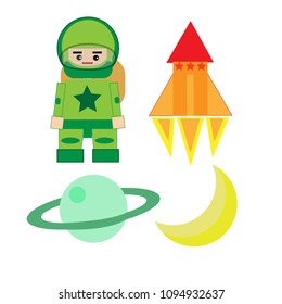 Illustration set of space consist of astronaut, rocket, saturn and moon. Flat design. Vector.