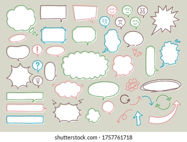 Illustration set of speech bubble material with handwritten (Colorful crayon style)