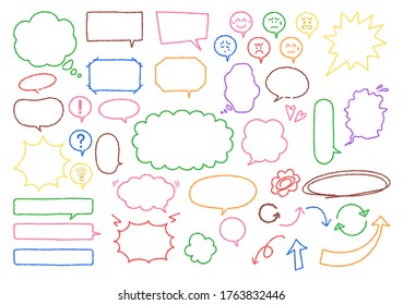 Illustration set of speech bubble material with handwritten (Colorful crayon style)