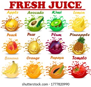 Ilustración de jugo recién exprimido con frutas y verduras